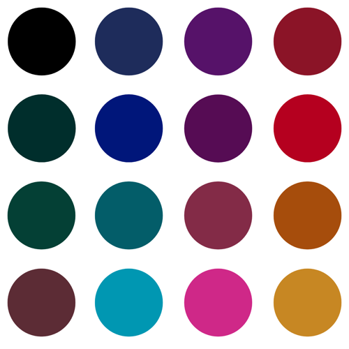 A colour palette showing moody jewel-tones arranged in evenly-spaced circles on a white background.